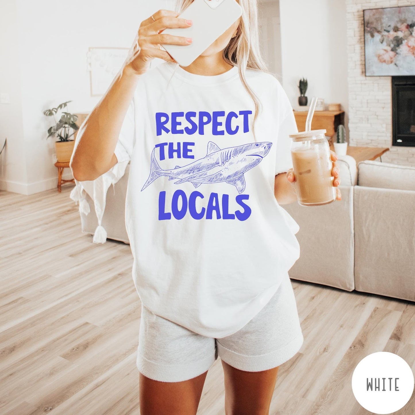 Comfort Colors tee in White featuring sketch style shark graphic with Respect the Locals text design