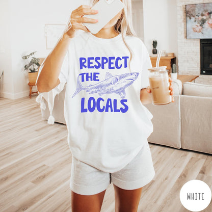Comfort Colors tee in White featuring sketch style shark graphic with Respect the Locals text design