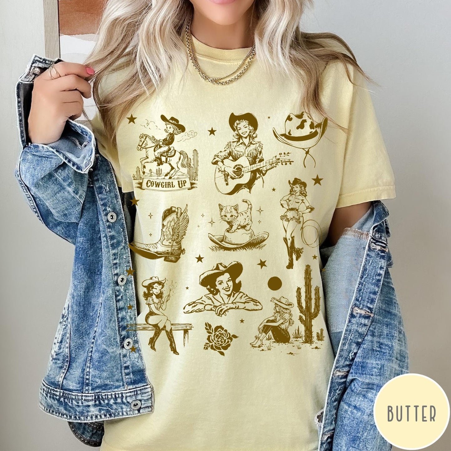 Comfort Colors tee in Butter featuring retro western collage graphic with cowgirls, boots, and desert elements