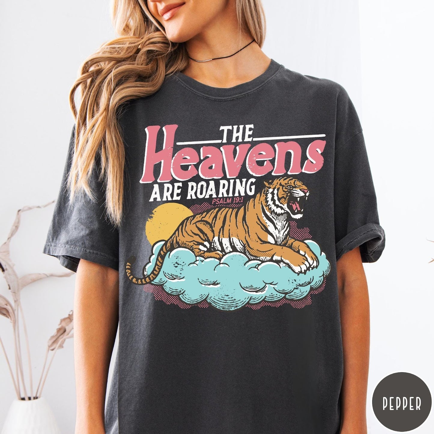 Comfort Colors tee in Pepper featuring vintage style graphic of a roaring tiger on a cloud