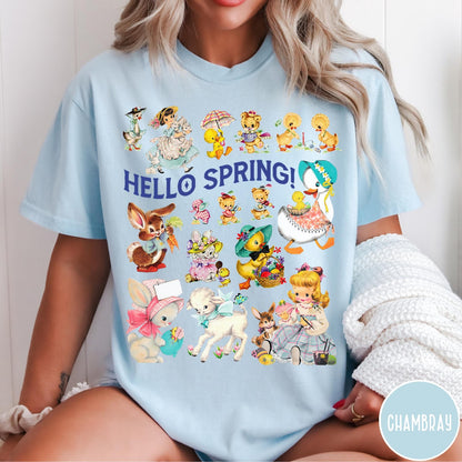 Comfort Colors tee in Chambray featuring vintage style graphic with spring animals and children illustrations