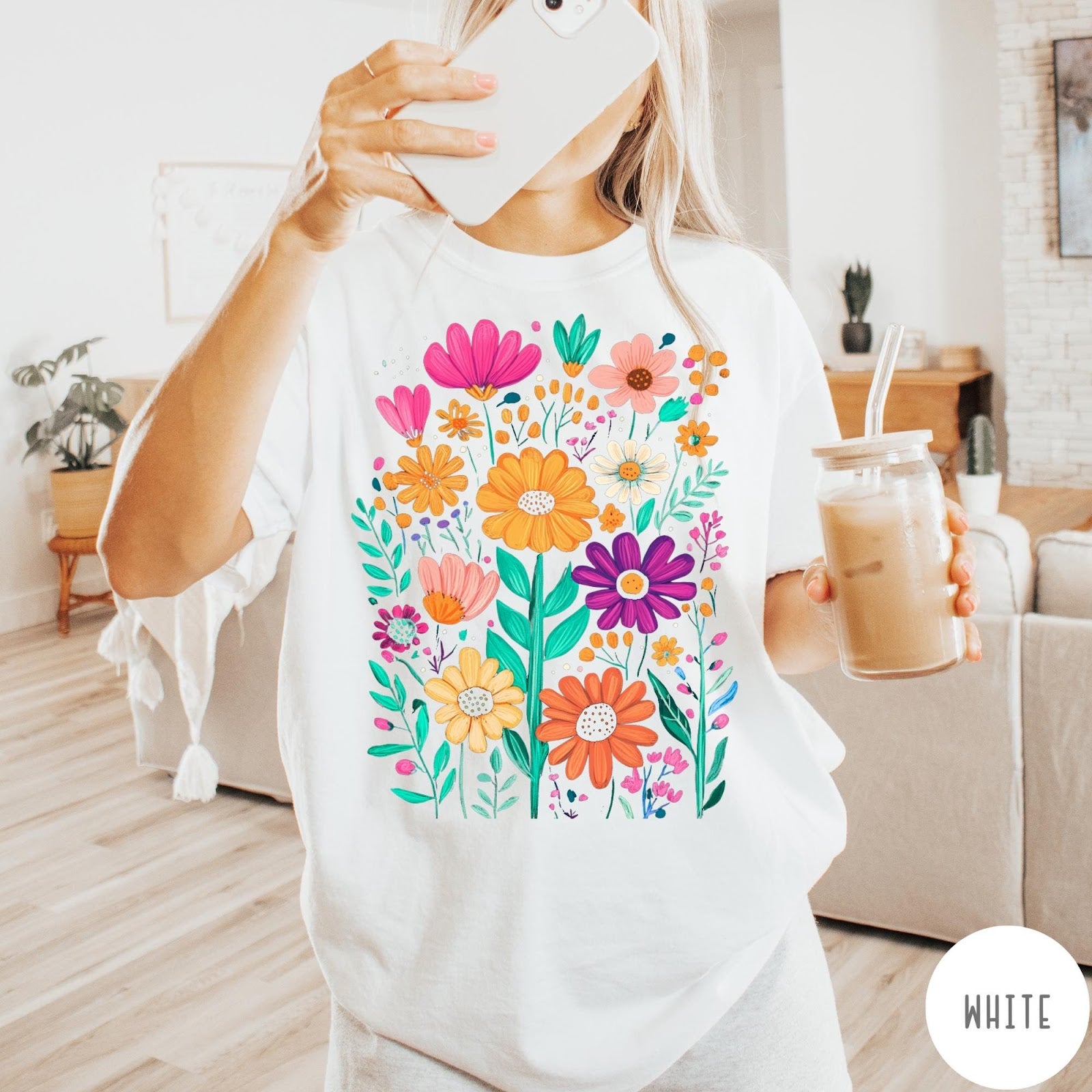 Comfort Colors tee in White featuring boho floral design with colorful hand-drawn style garden flowers