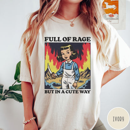 Comfort Colors tee in Ivory featuring cartoon style graphic of a girl holding a knife in flames