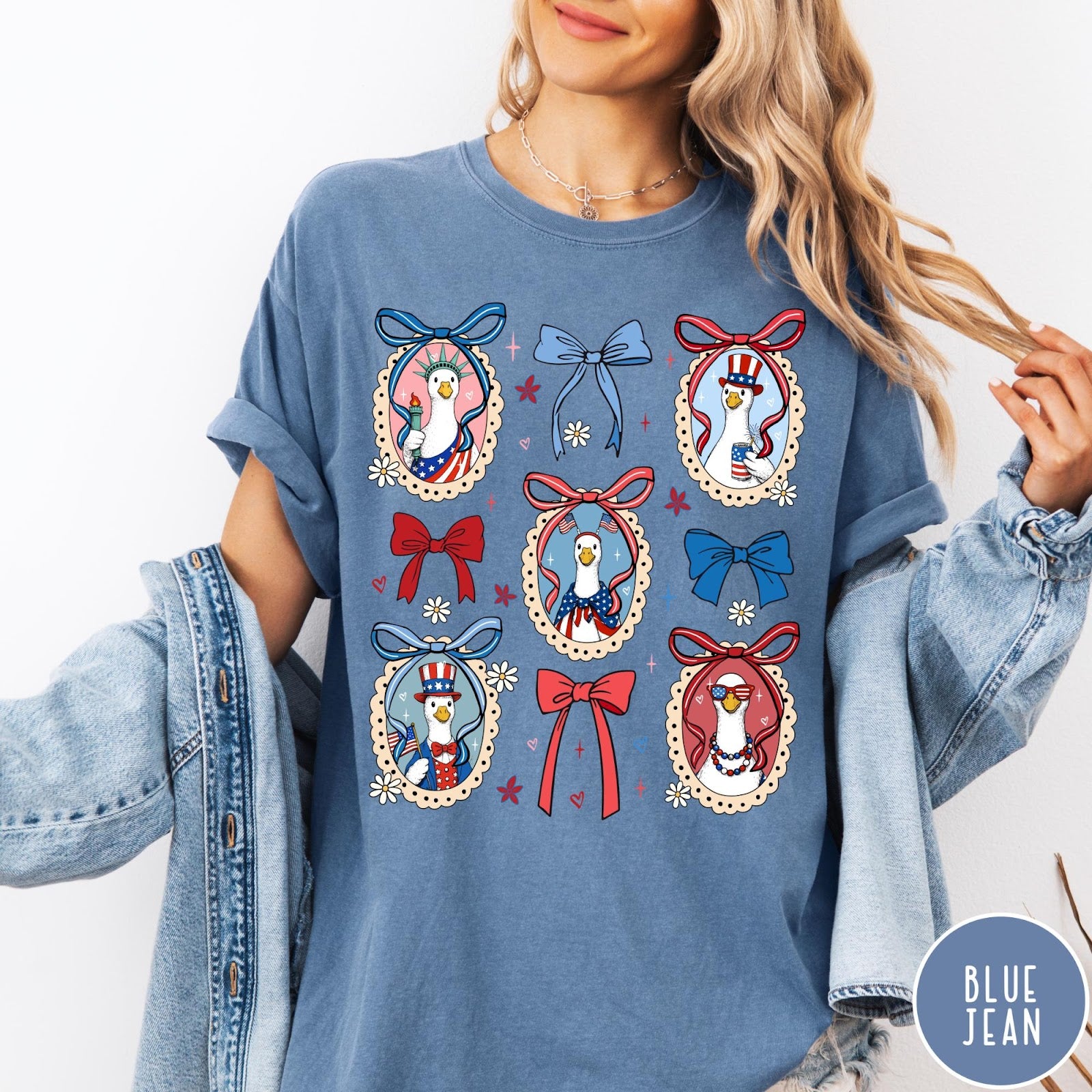 Comfort Colors tee in Blue Jean featuring coquette design with patriotic geese in frames and bows