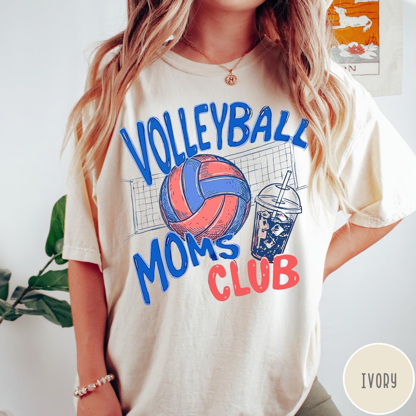 Comfort Colors tee in Ivory featuring volleyball mom life graphic with a volleyball and iced coffee drink