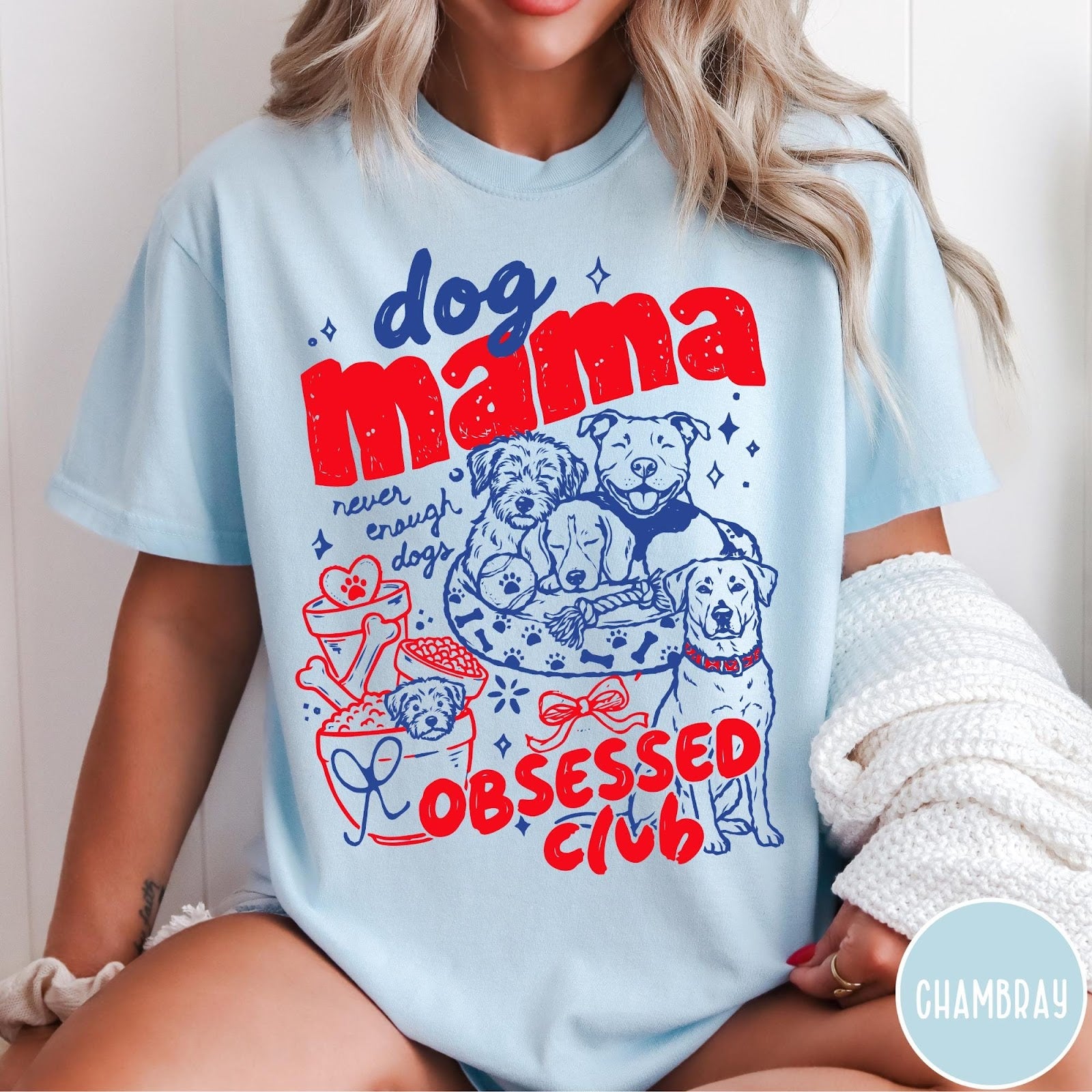 Comfort Colors tee in Chambray featuring dog mom design style with multiple dog breeds and accessories