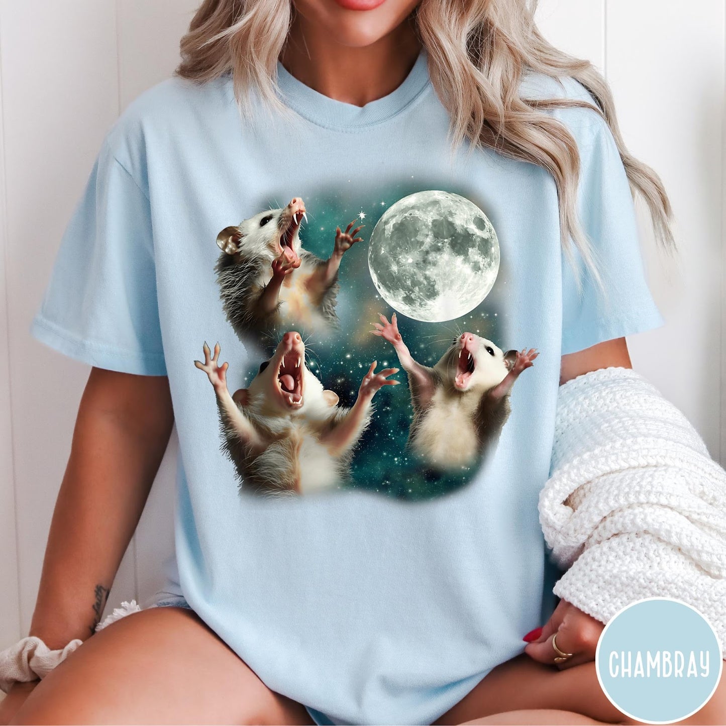 Comfort Colors tee in Chambray featuring vintage graphic style with three screaming possums reaching for the moon