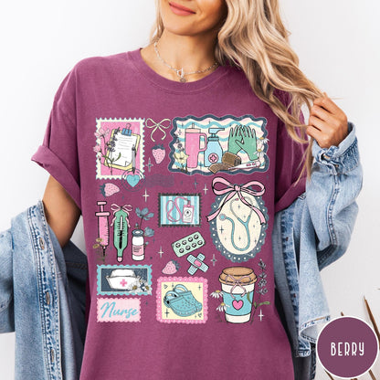 Comfort Colors tee in Berry featuring collage style nursing profession graphic with medical supplies and floral accents
