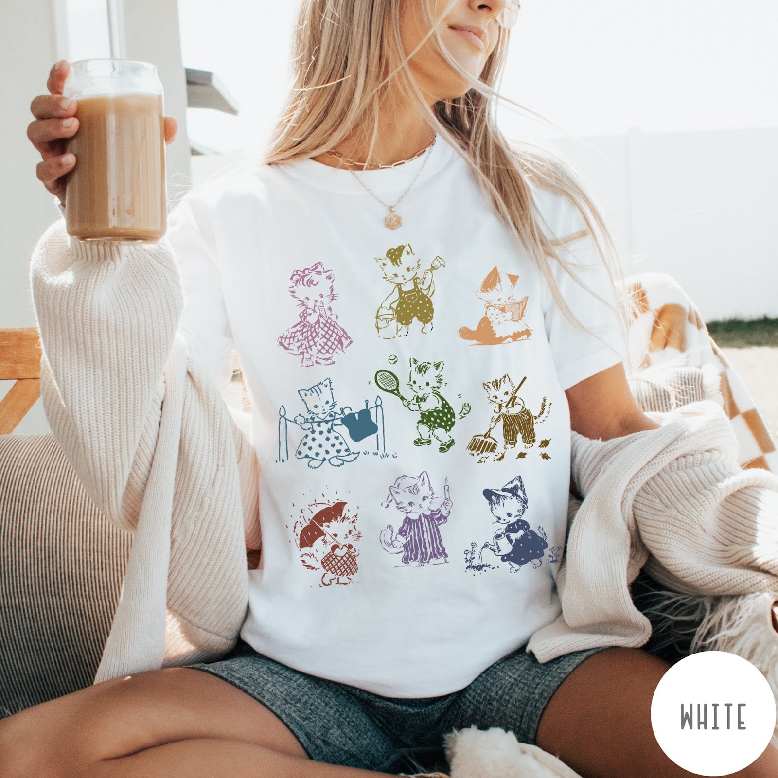 Comfort Colors tee in White featuring vintage retro style graphic of nine kittens doing various daily activities