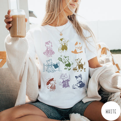 Comfort Colors tee in White featuring vintage retro style graphic of nine kittens doing various daily activities
