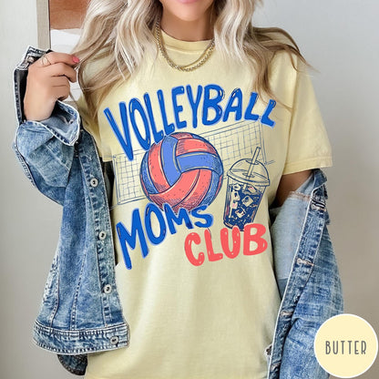 Comfort Colors tee in Butter featuring volleyball mom life graphic with a volleyball and iced coffee drink