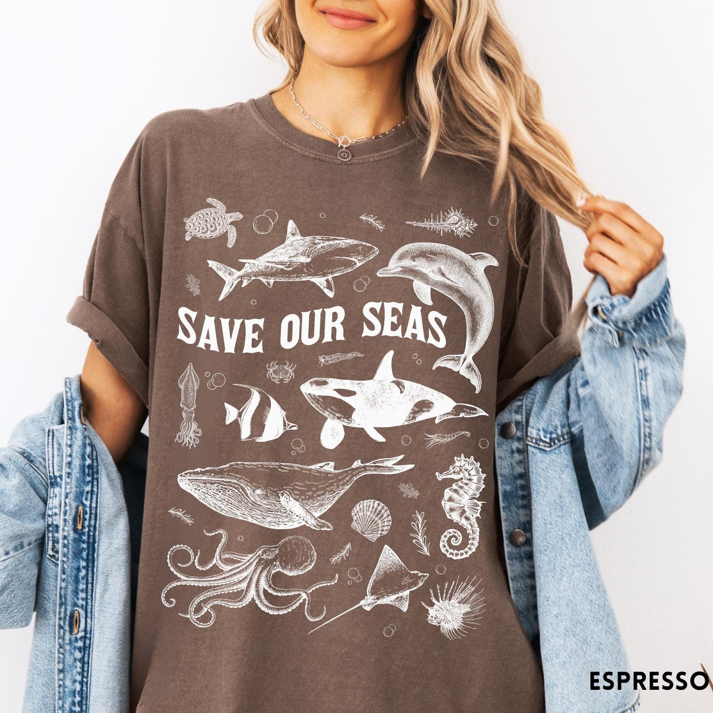 Comfort Colors tee in Espresso featuring line art marine life graphic with Save Our Seas text design
