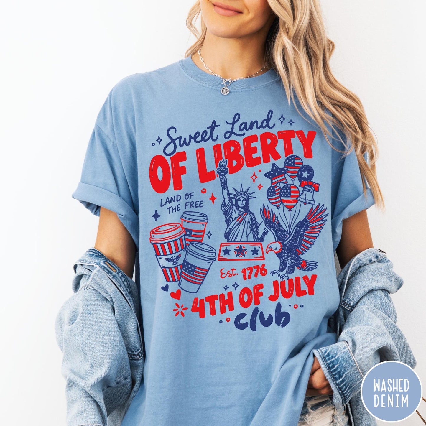 Comfort Colors tee in Washed Denim featuring 4th of July celebration graphic with Statue of Liberty and eagle