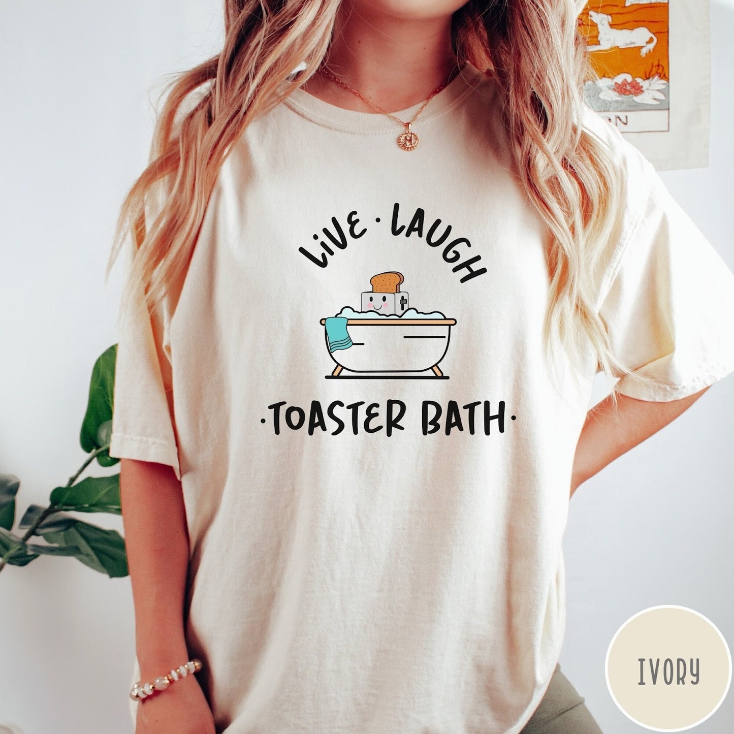 Comfort Colors tee in Ivory featuring cute graphic style of a smiling toaster sitting in a bathtub
