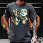 Comfort Colors tee in Pepper featuring vintage graphic style with three screaming possums reaching for the moon