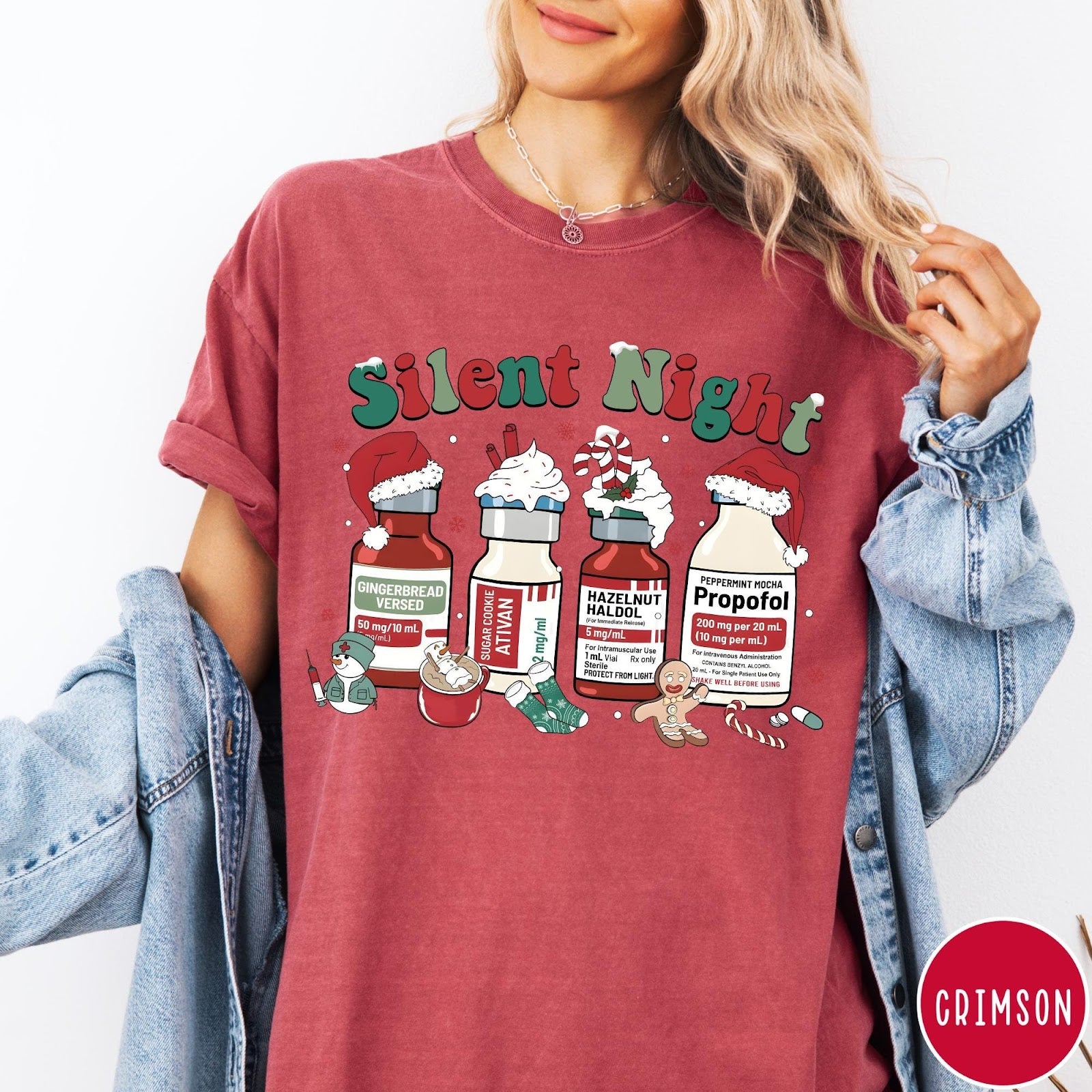 Comfort Colors tee in Crimson featuring holiday medical design with vials decorated as festive holiday treats