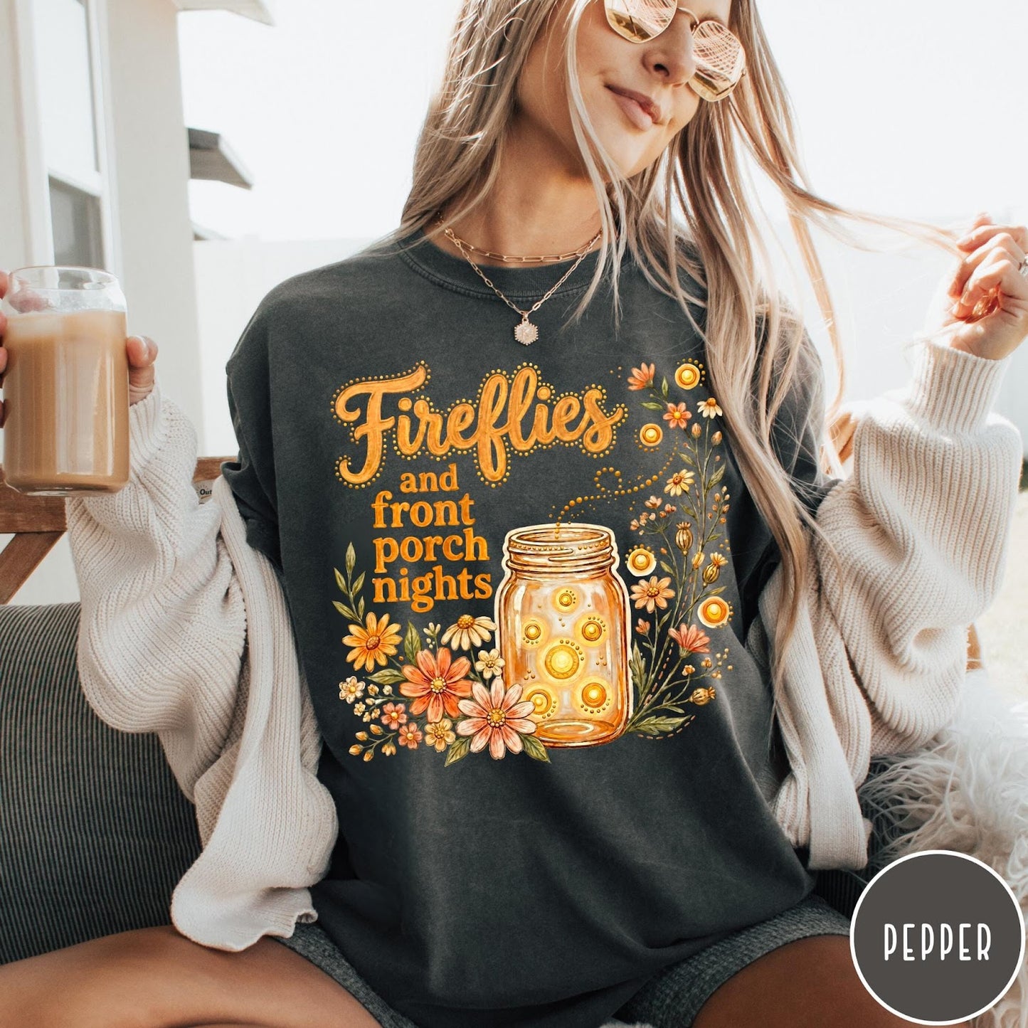 Comfort Colors tee in Pepper featuring rustic style graphic of fireflies in a mason jar with wildflowers