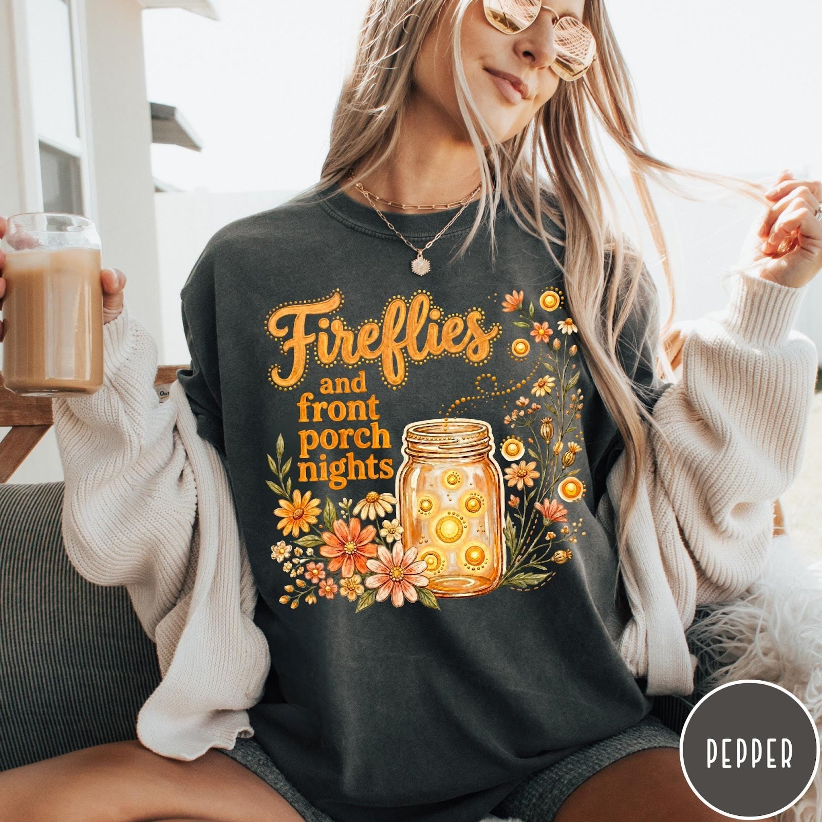 Comfort Colors tee in Pepper featuring rustic style graphic of fireflies in a mason jar with wildflowers