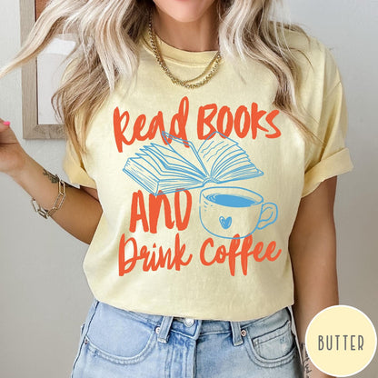 Comfort Colors tee in Butter featuring books and coffee graphic design with open book and coffee cup