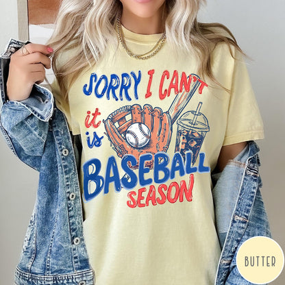 Comfort Colors tee in Butter featuring baseball style graphic with glove, ball, bat, and iced coffee drink