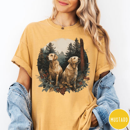 Comfort Colors tee in Mustard featuring vintage style graphic of two golden labrador dogs in forest