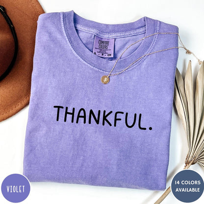 Comfort Colors tee in Violet featuring minimalist style with the word Thankful printed in black text