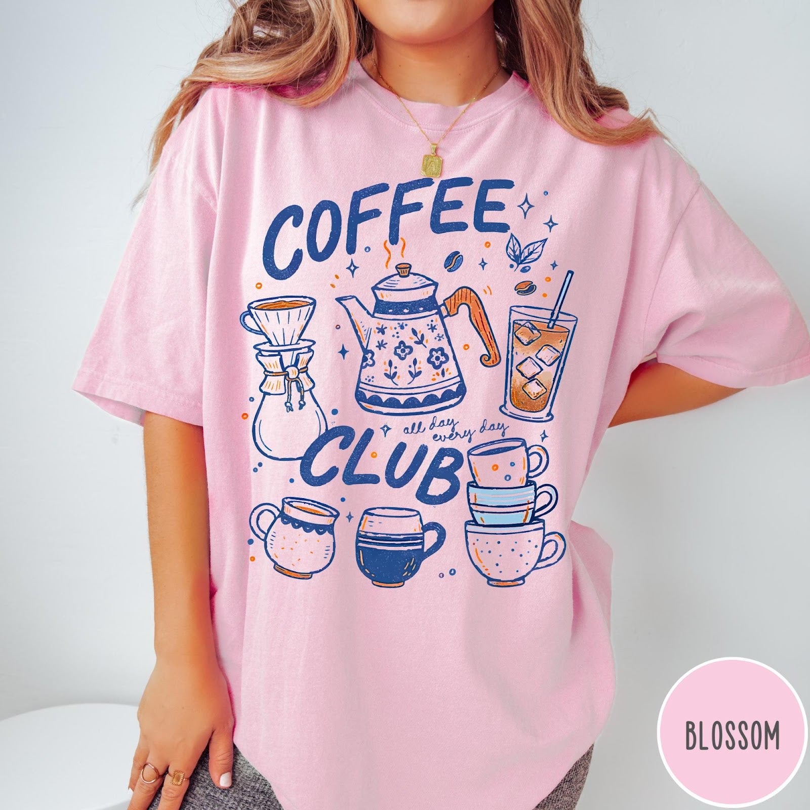 Comfort Colors tee in Blossom featuring retro graphic design with coffee pots, mugs, and iced coffee