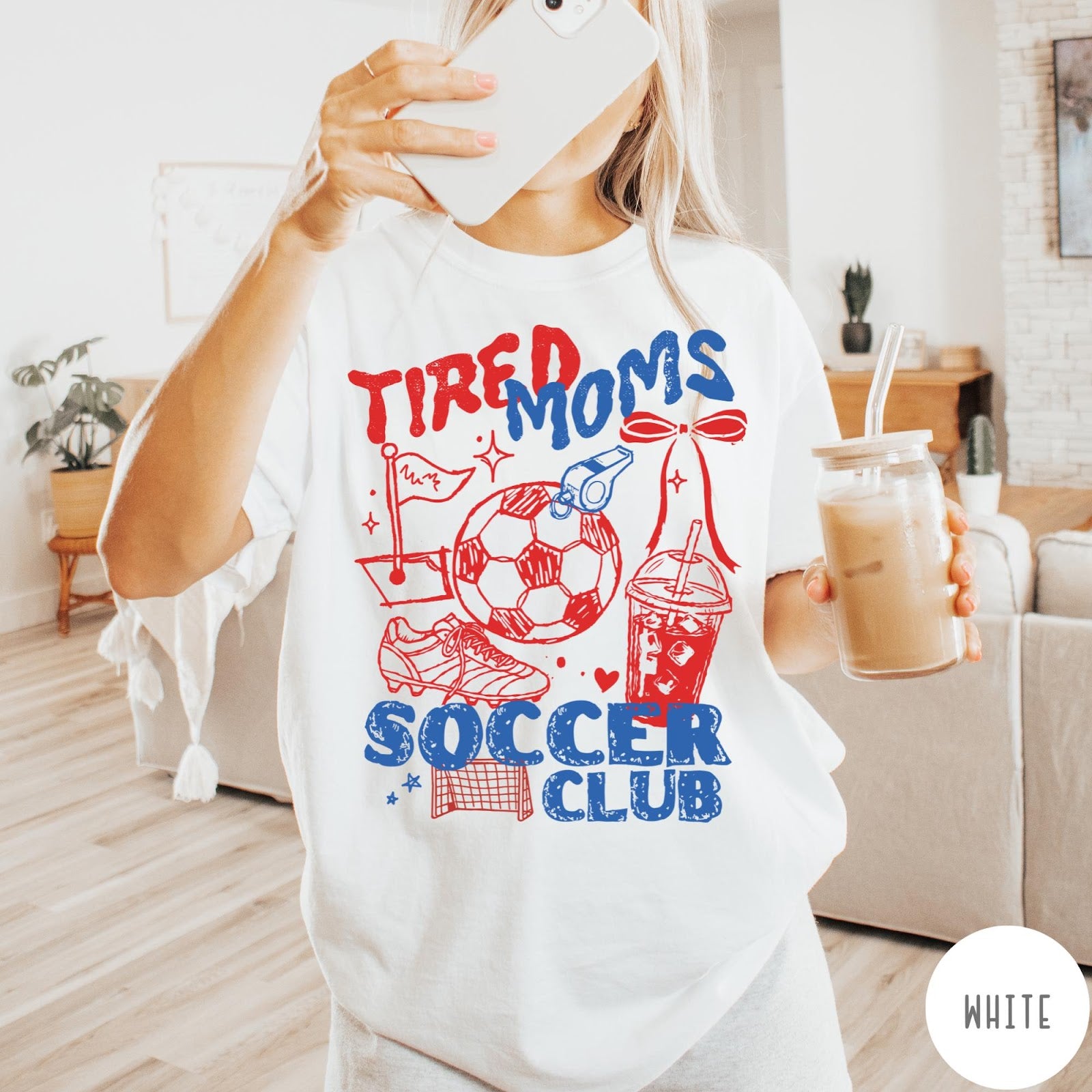 Comfort Colors tee in White featuring soccer mom life graphic with soccer ball and iced coffee