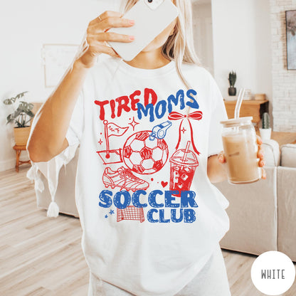 Comfort Colors tee in White featuring soccer mom life graphic with soccer ball and iced coffee