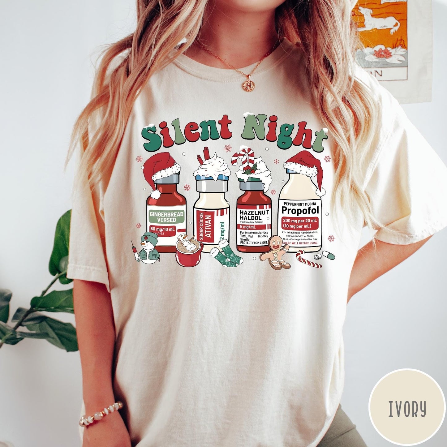 Comfort Colors tee in Ivory featuring holiday medical design with vials decorated as festive holiday treats