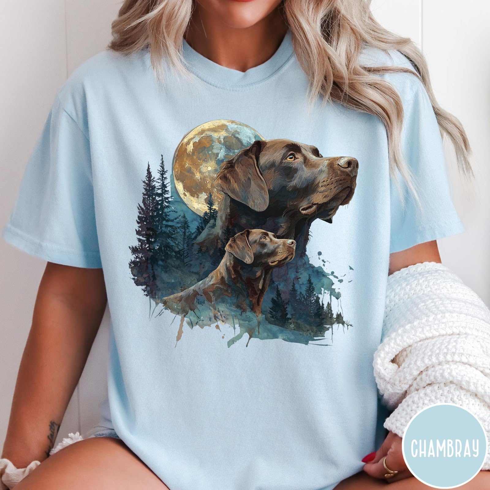 Comfort Colors tee in Chambray featuring vintage style graphic of two Chocolate Labradors under a full moon