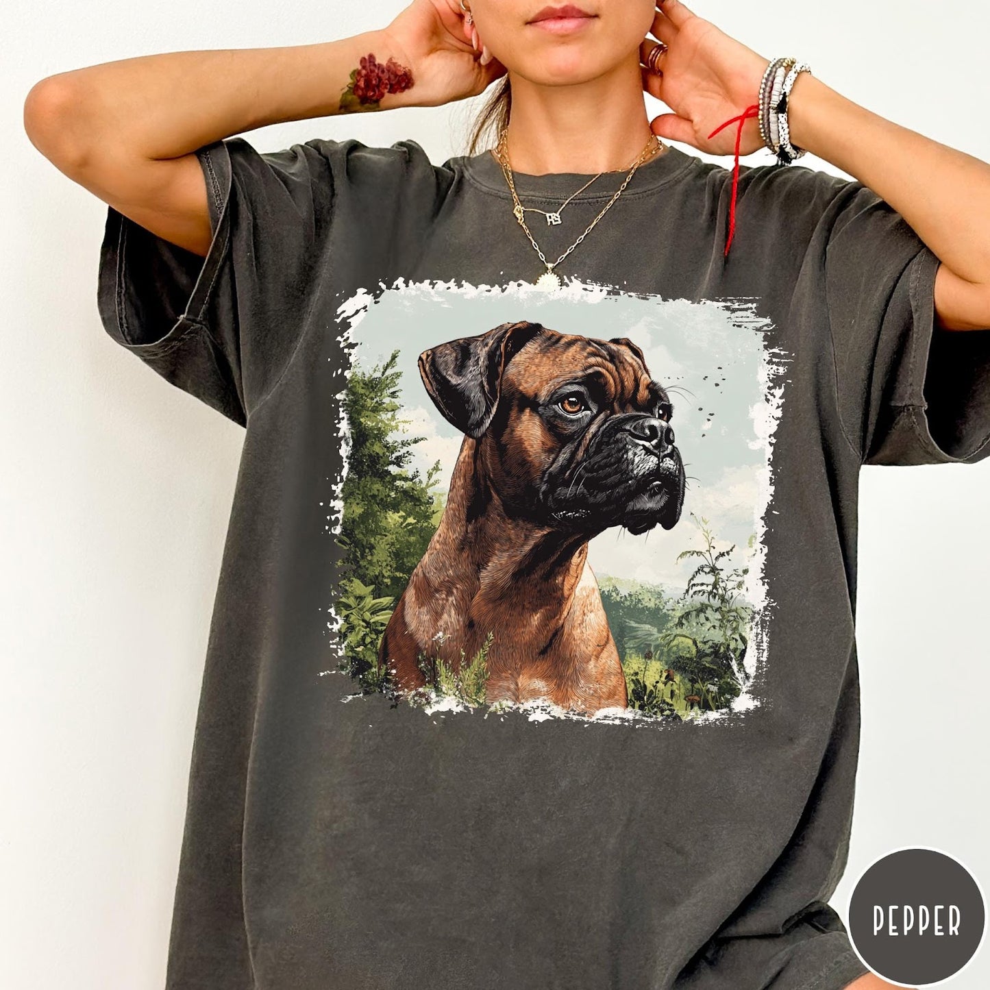 Comfort Colors tee in Pepper featuring vintage style graphic of a detailed Boxer dog portrait