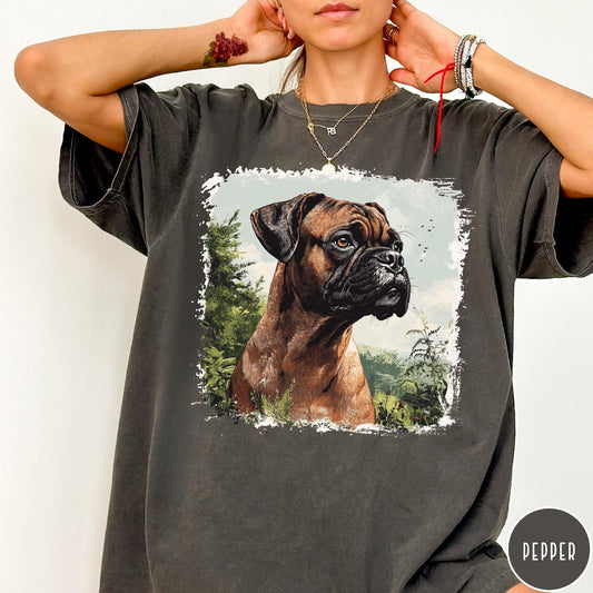 Comfort Colors tee in Pepper featuring vintage style graphic of a detailed Boxer dog portrait