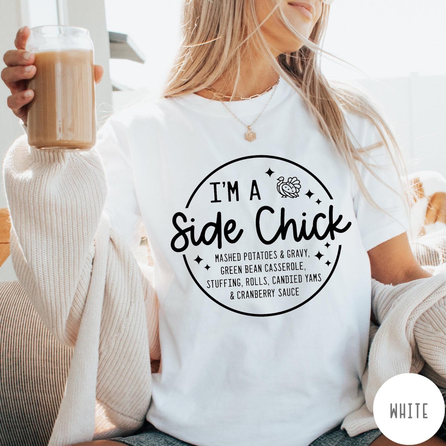 Comfort Colors tee in White featuring circular Thanksgiving side dish graphic with turkey and food list