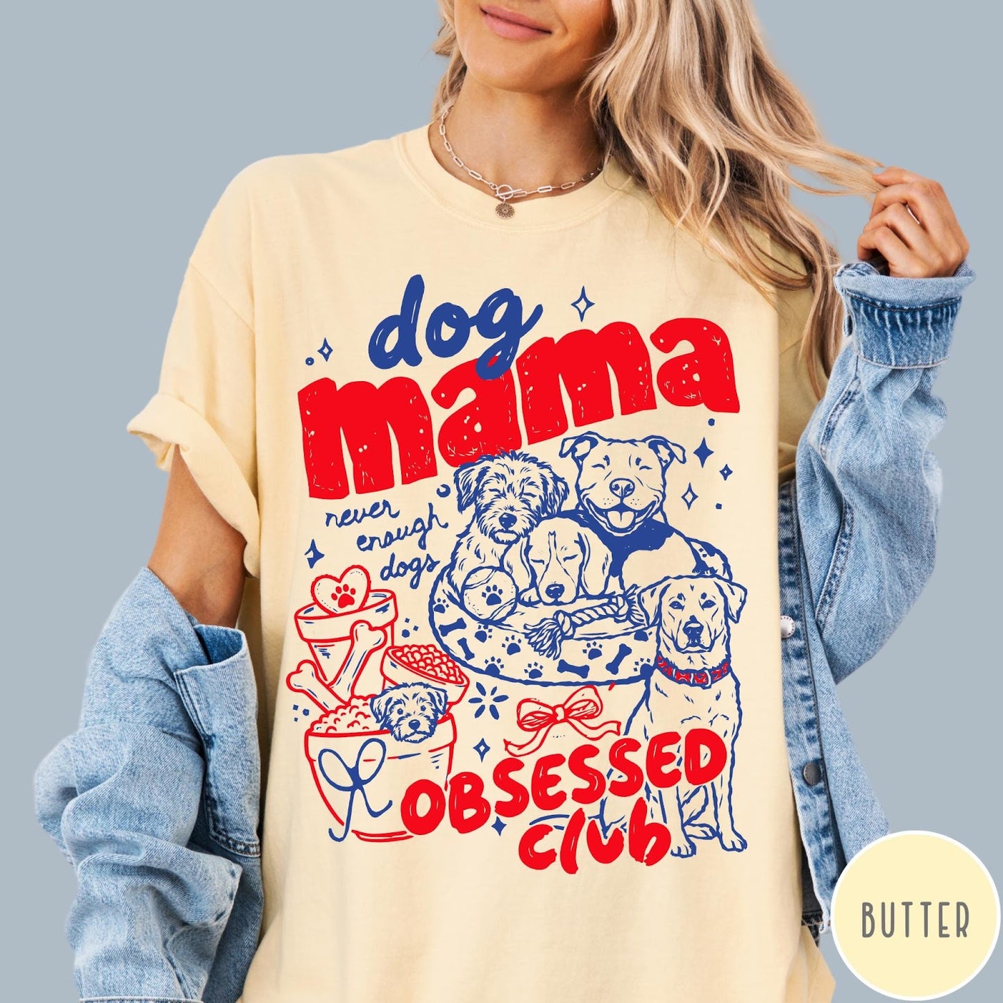 Comfort Colors tee in Butter featuring dog mom design with multiple dogs and red blue graphic