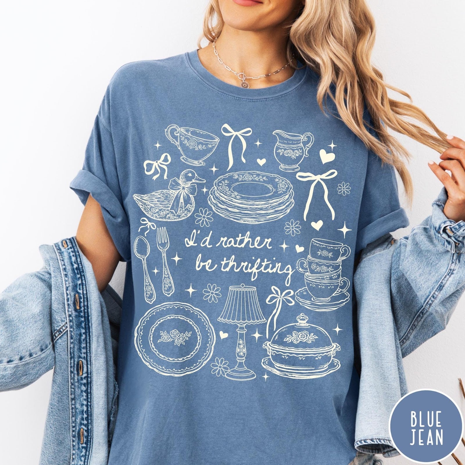 Comfort Colors tee in Blue Jean featuring line art style thrifting and antique home goods graphic design