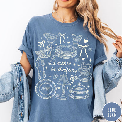 Comfort Colors tee in Blue Jean featuring line art style thrifting and antique home goods graphic design