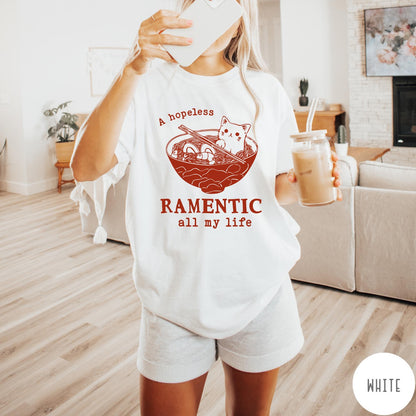 Comfort Colors tee in White featuring line art graphic of a cute cat inside a ramen bowl