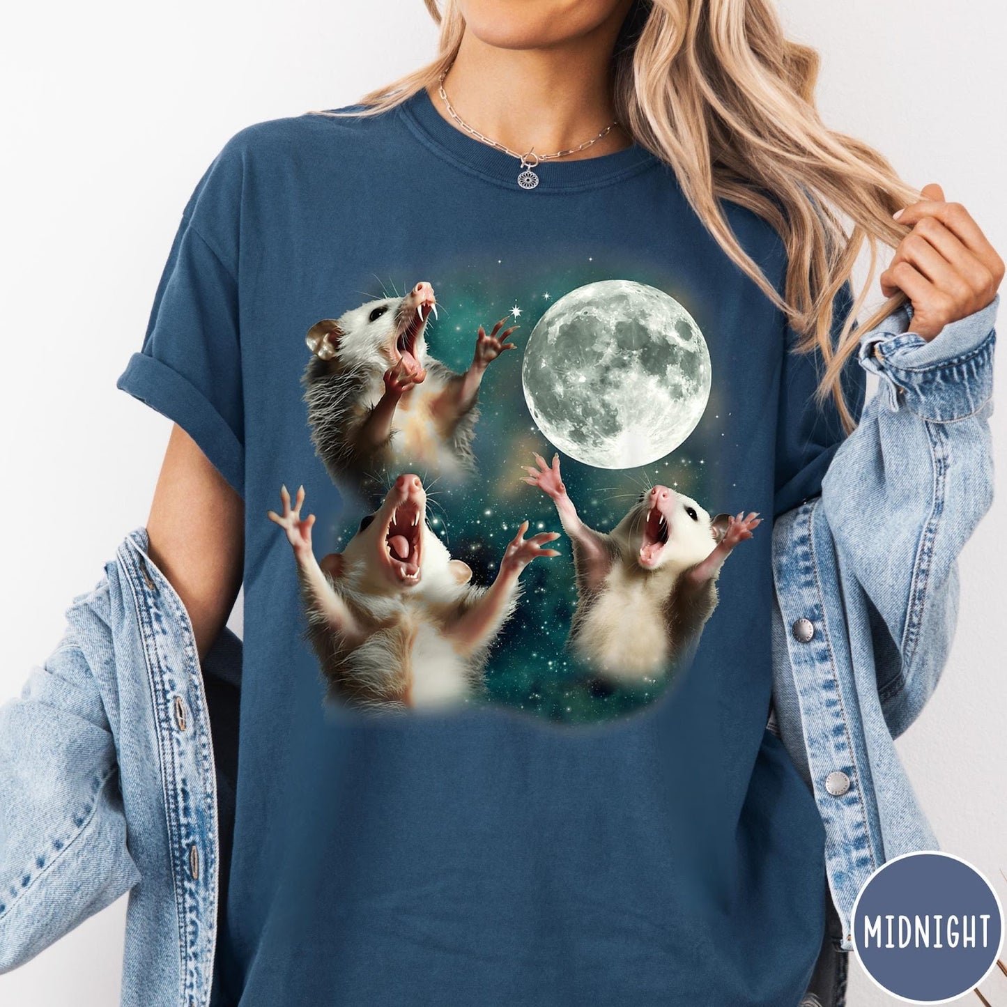 Comfort Colors tee in Midnight featuring vintage graphic style with three screaming possums reaching for the moon