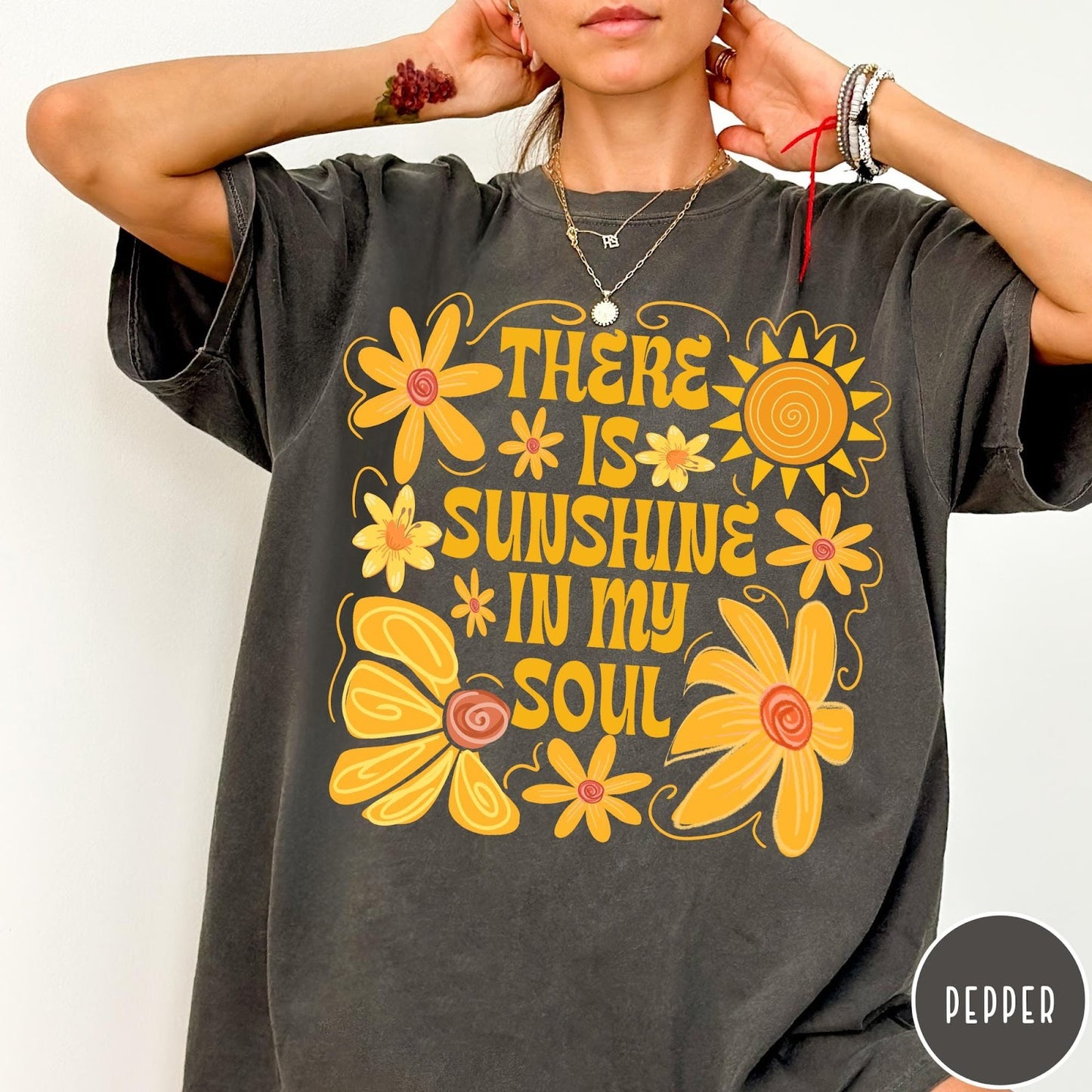 Comfort Colors tee in Pepper featuring inspirational quote design with yellow flowers and a sun graphic