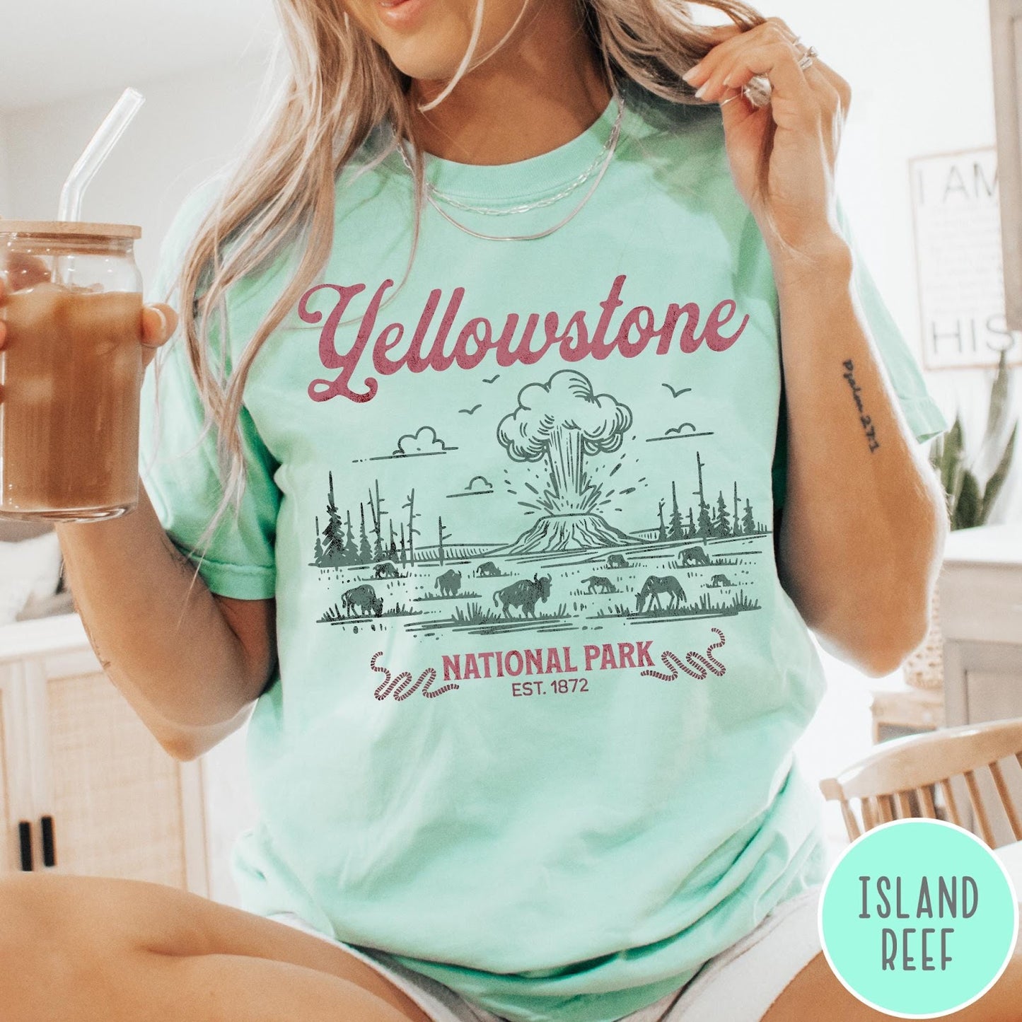 Comfort Colors tee in Island Reef featuring retro graphic design of Yellowstone National Park with bison and geyser