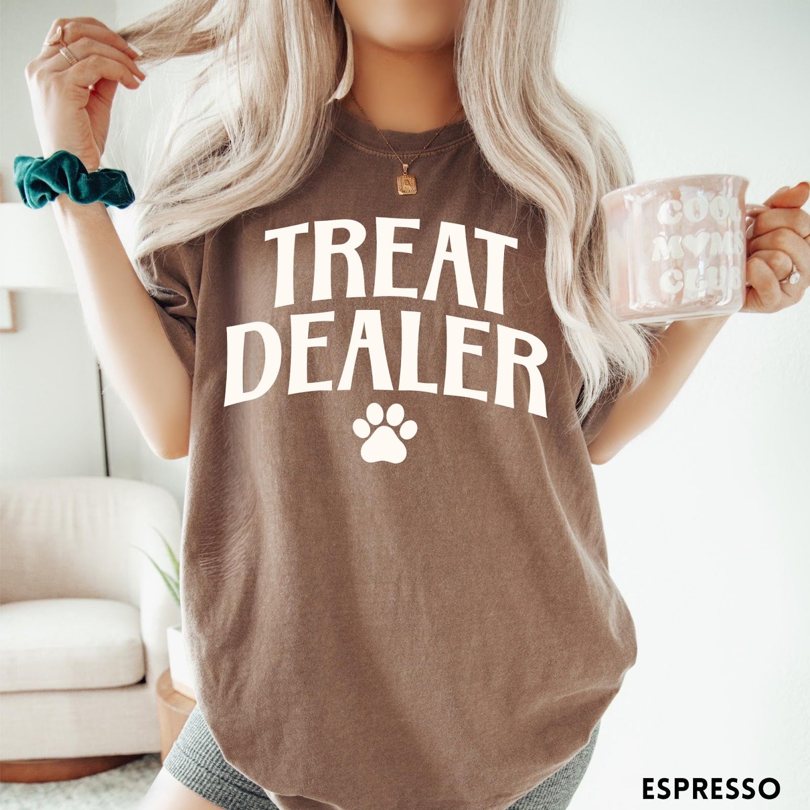 Comfort Colors tee in Espresso featuring dog owner design with Treat Dealer text and a paw print