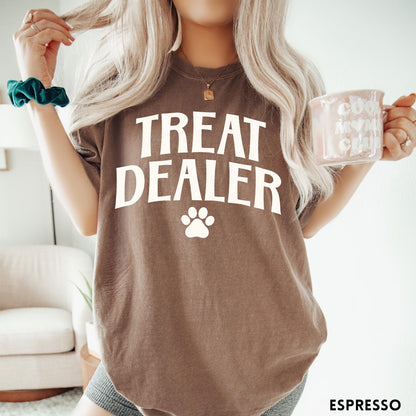 Comfort Colors tee in Espresso featuring dog owner design with Treat Dealer text and a paw print