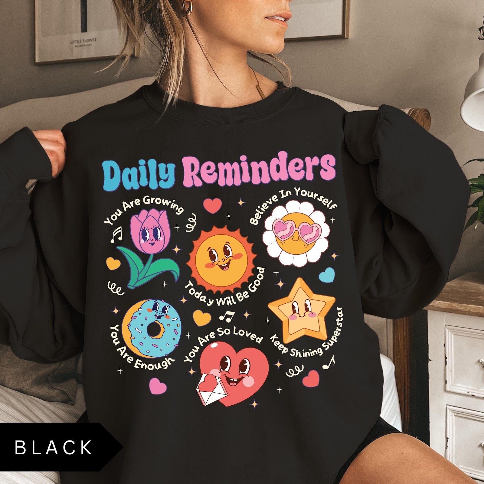Comfort Colors tee in Black featuring retro mascot design with daily affirmations and cute cartoon characters