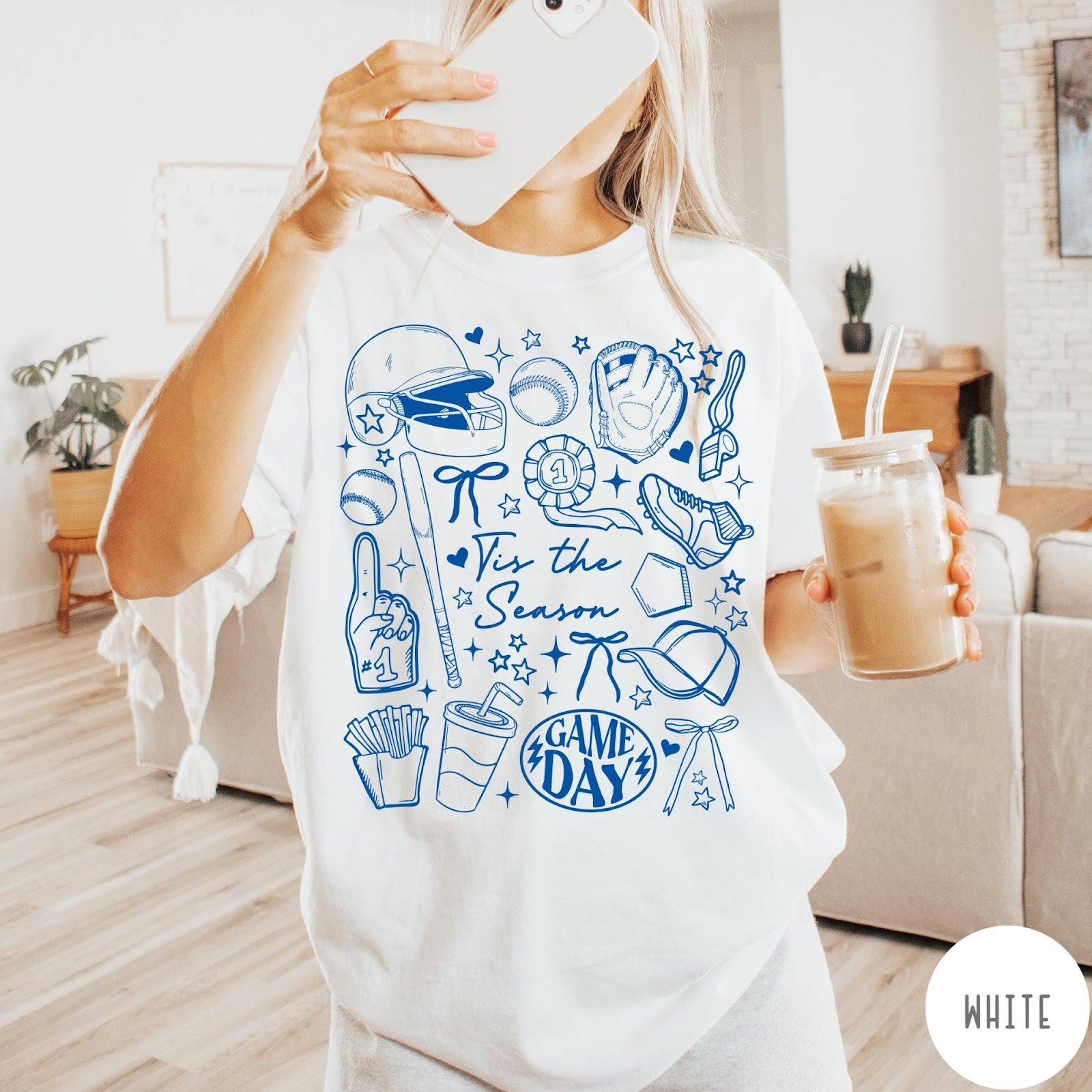 Comfort Colors tee in White featuring baseball game day graphic with bat, helmet, and game day text