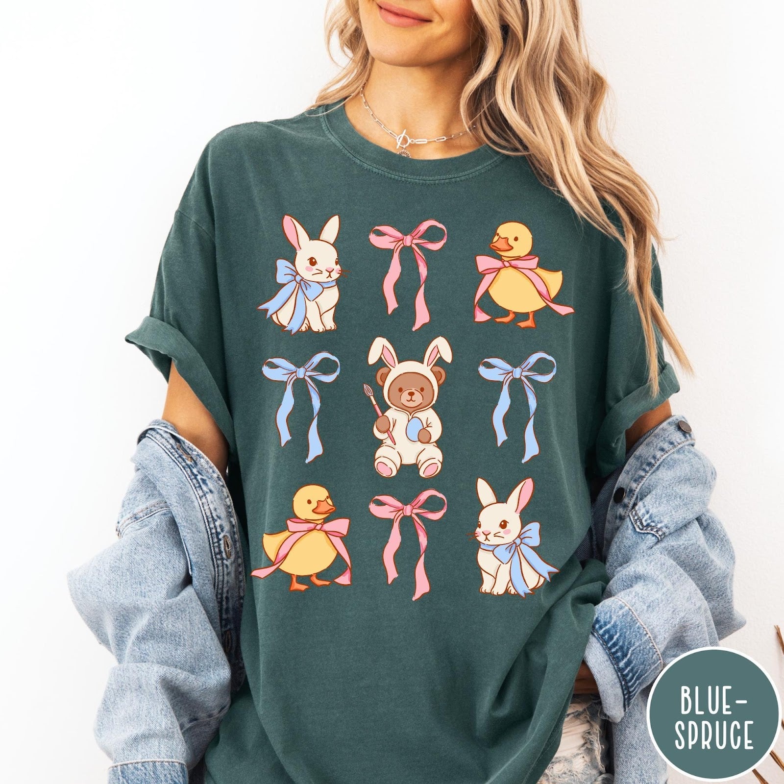 Comfort Colors tee in Blue Spruce featuring vintage style graphic with Easter bunnies, ducks, and pink blue bows