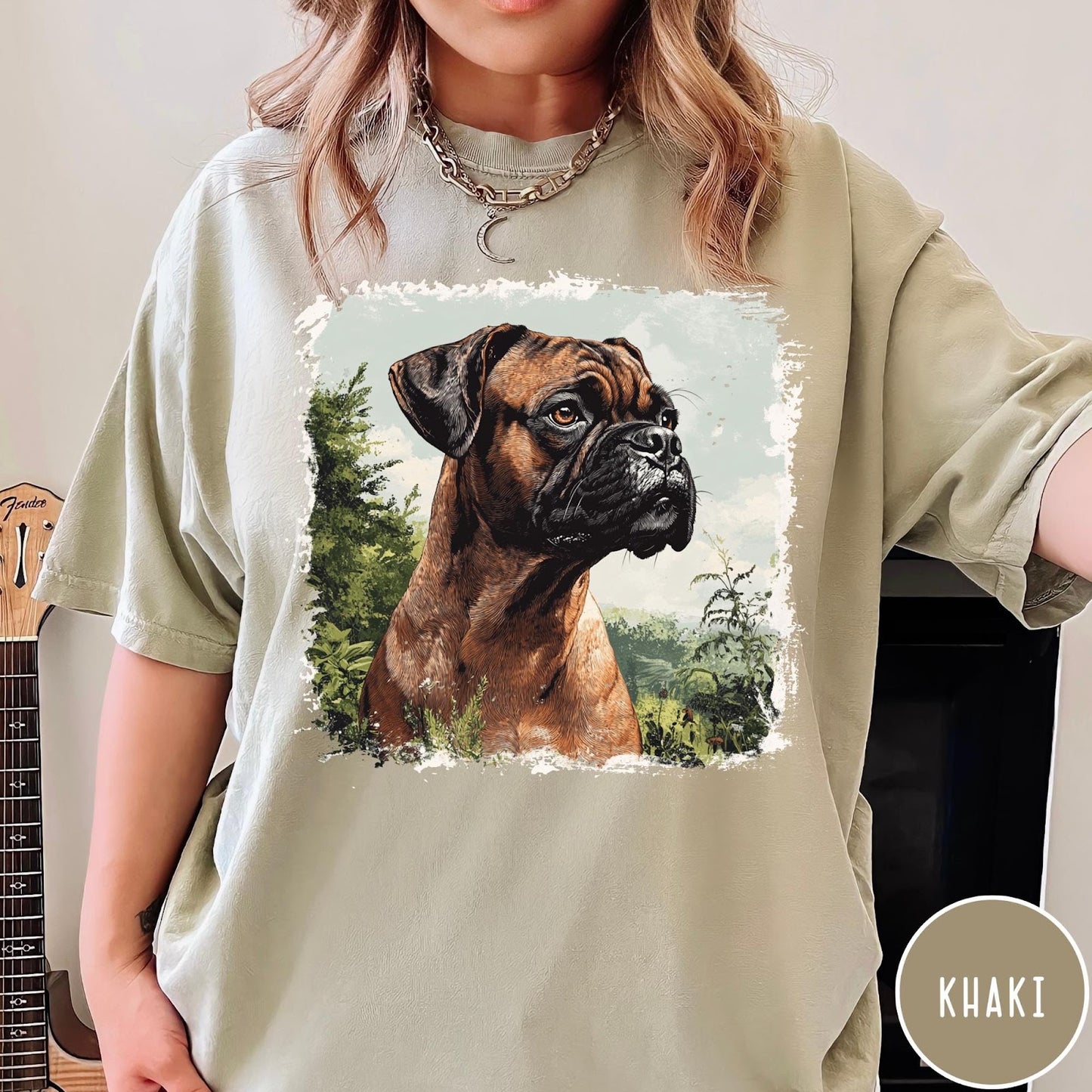 Comfort Colors tee in Khaki featuring vintage style graphic of a detailed Boxer dog portrait