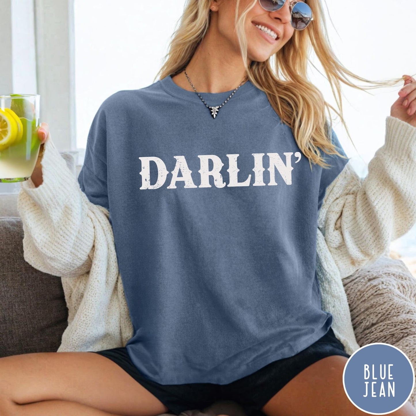 Comfort Colors tee in Blue Jean featuring western typography with the word Darlin' in a distressed white font