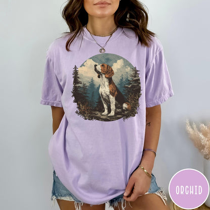 Comfort Colors tee in Orchid featuring vintage style graphic of a beagle sitting in a forest