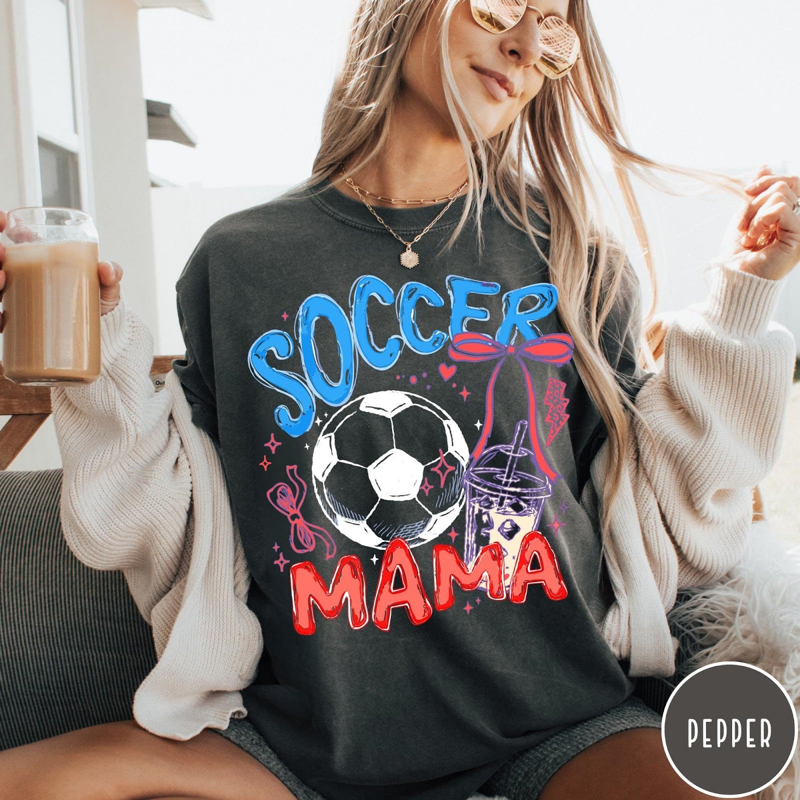 Comfort Colors tee in Pepper featuring soccer design with a soccer ball and iced coffee graphic